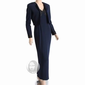 Pamela Dennis Evening Gown with Cropped Jacket Navy Silk 2pc Set Formal Size 4